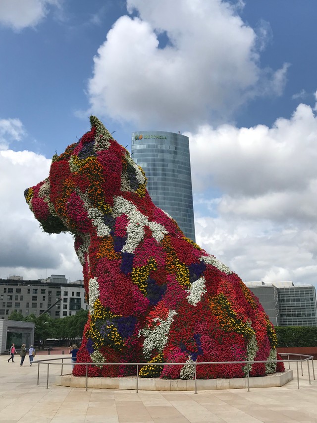 puppy dog in front of Guggenheim museum in Bilbao