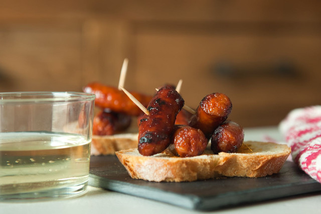 Pintxos in San Sebastian. A classic txistorra pintxo